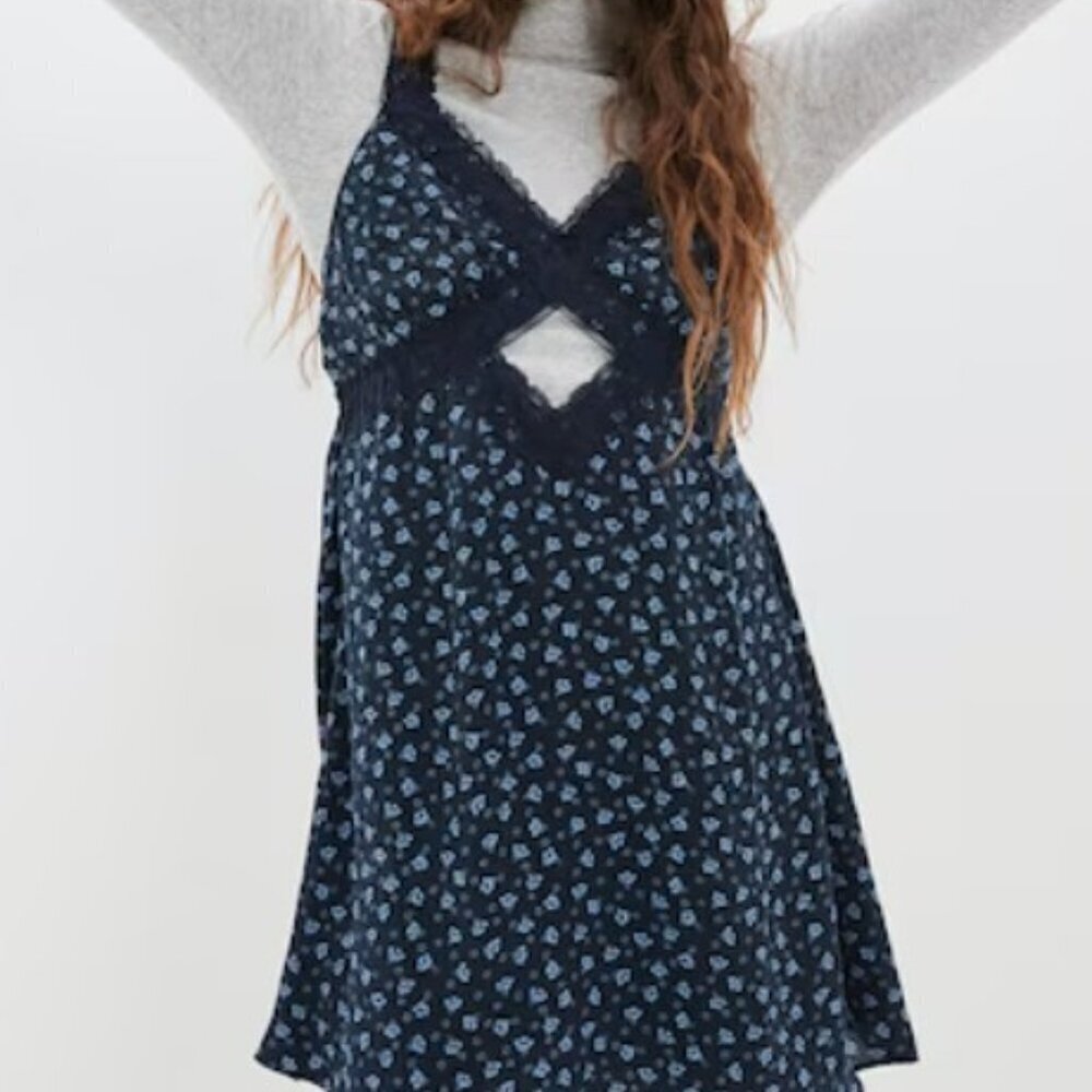 American Eagle Navy Silky Cut Out Printed Lace Mini Dress